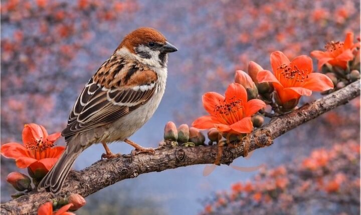 Sparrow flying from red cotton tree